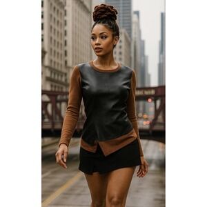 Lafayette 148 Wool Alpaca Leather Panel Sweater Quiet Luxury Brown Chic Luxe  M